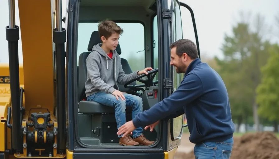 Father teaching son excavator controls from track.