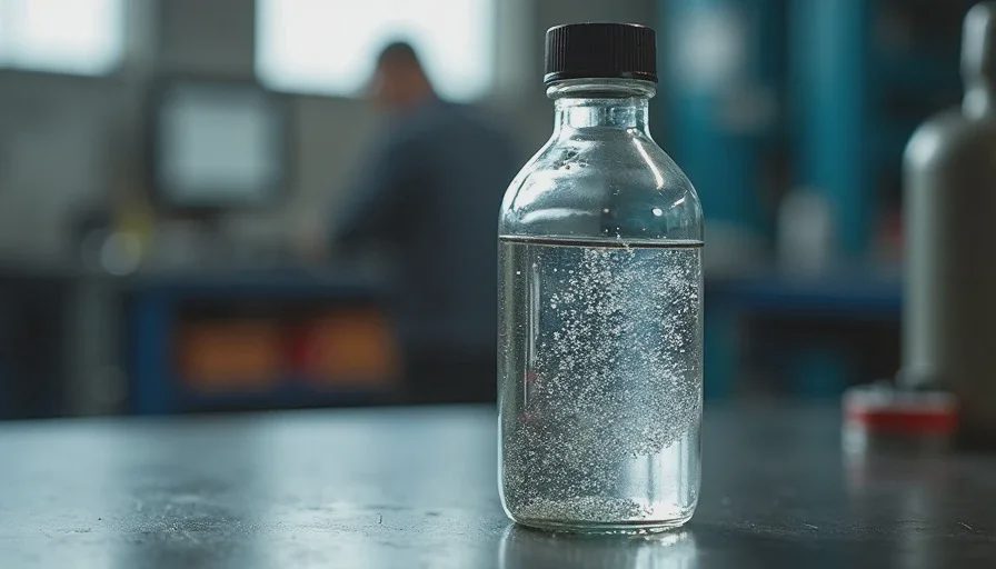 Silver hydraulic oil with metal particles from pump failure.